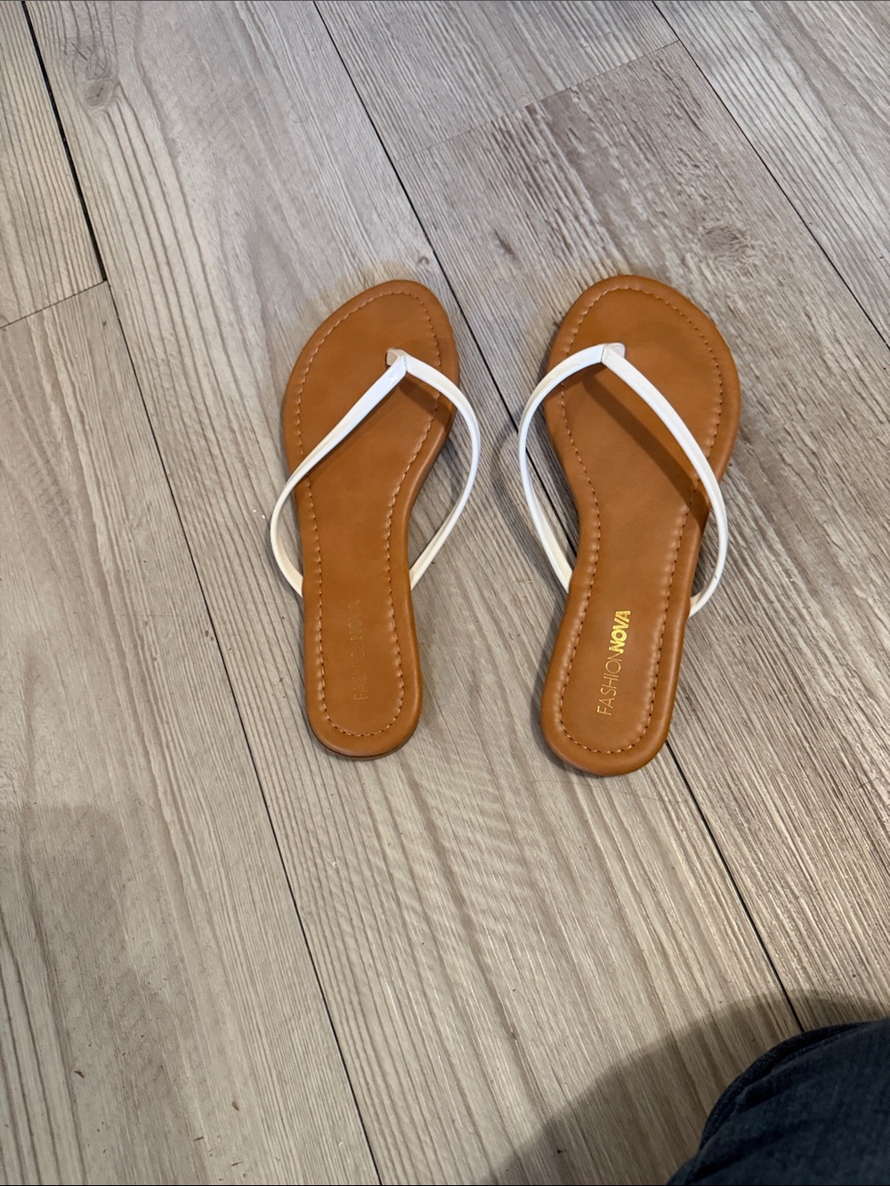 Fashion Nova Tan Footbed White Strap Thong Sandals